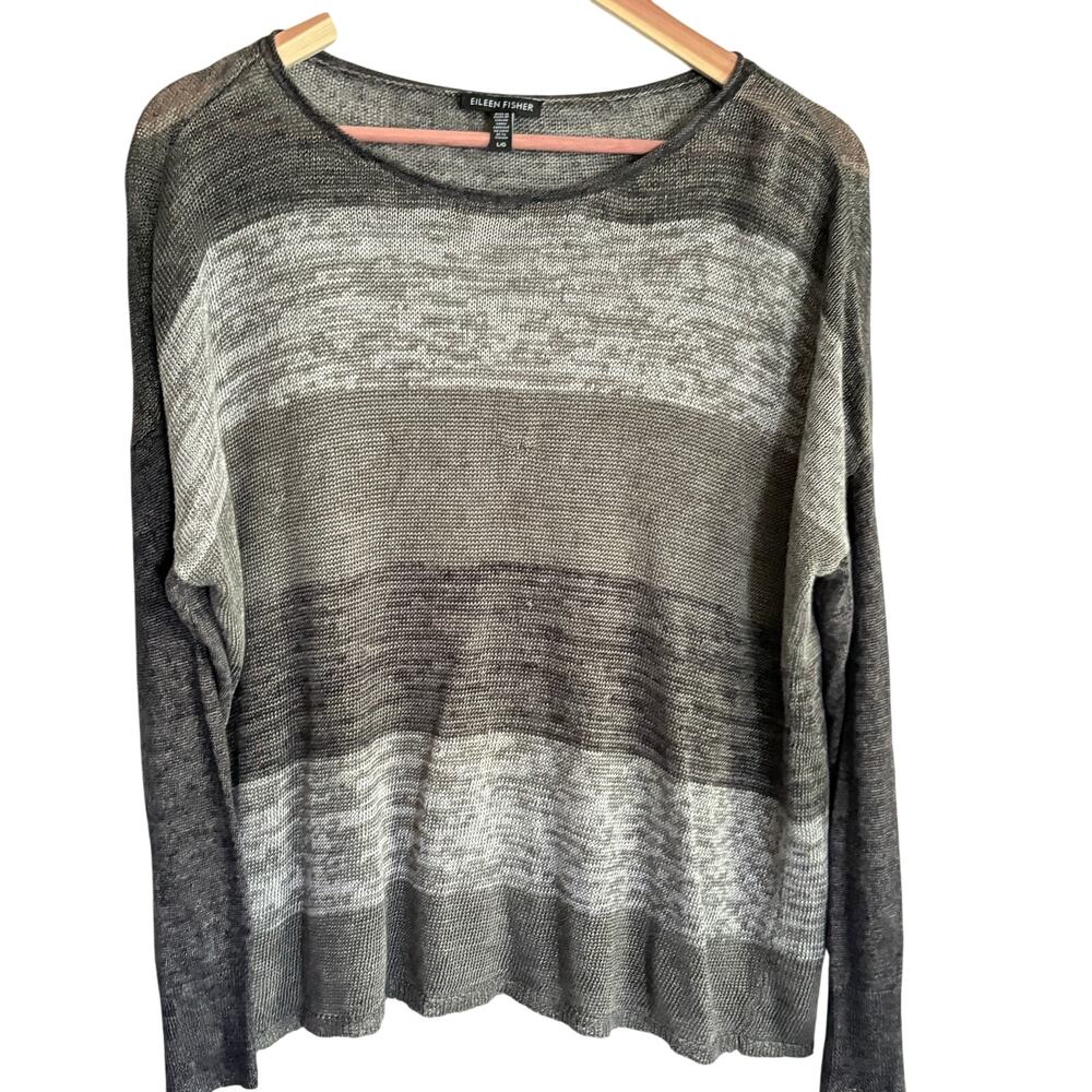 Eileen Fisher Linen Stripe Sweater L Gray Coastal Travel Capsule Minimalist